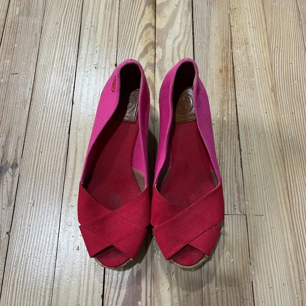 Tory Burch Filipa Espadrille Wedges Womens 8 Pink Red Canvas Peep Toe  Platform